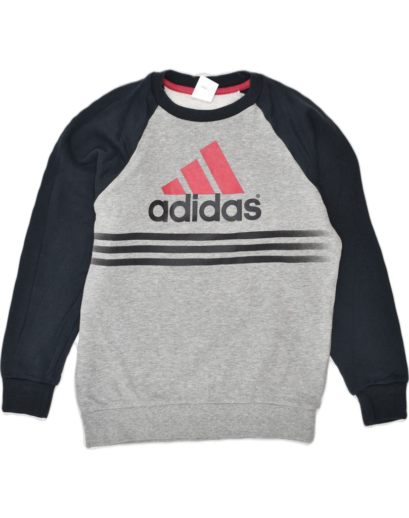 ADIDAS Girls Graphic Sweatshirt Jumper 9-10 Years Grey Colourblock Cotton | Vintage | Thrift | Second-Hand | Used Clothing | Messina Hembry 