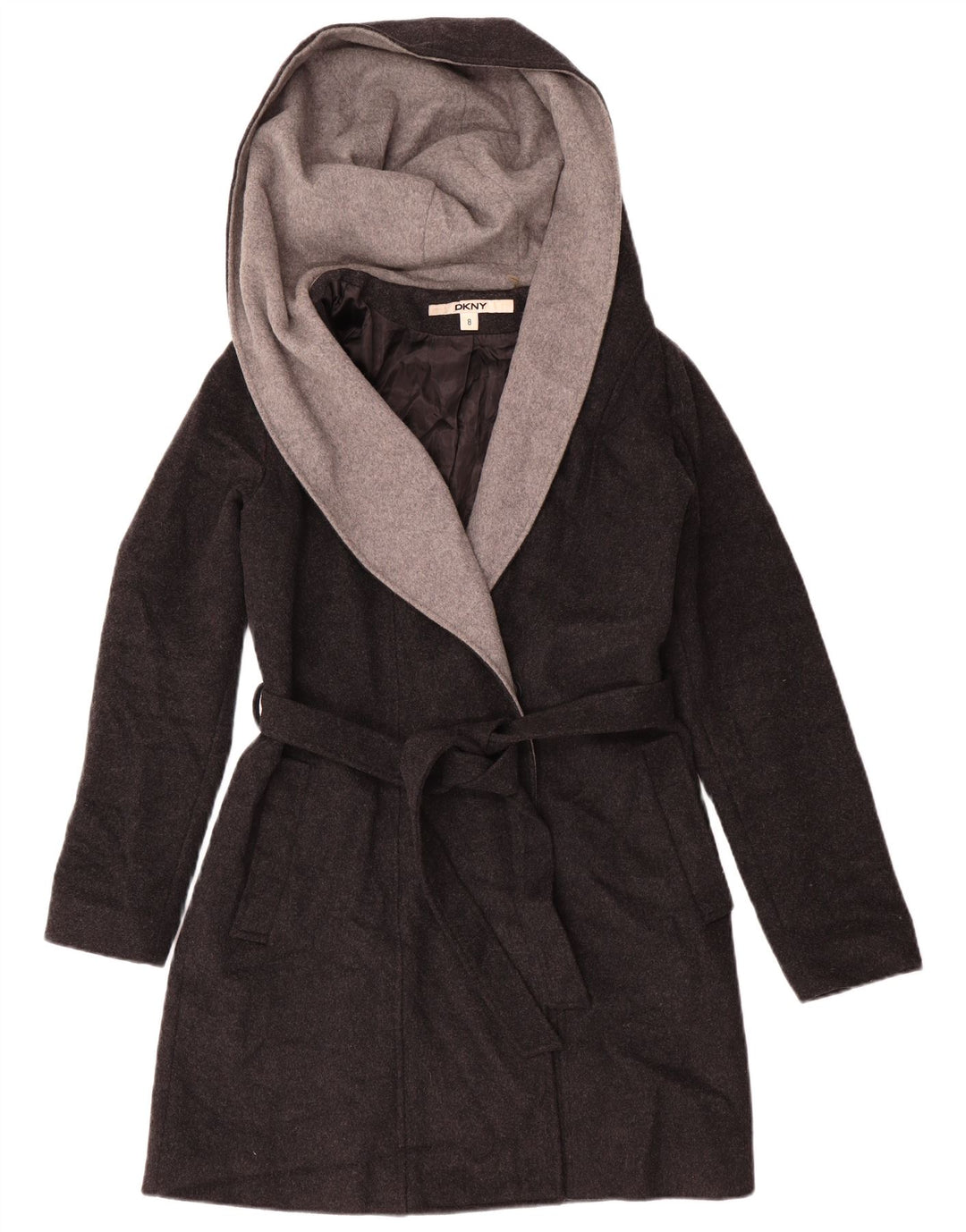 Dkny Womens Hooded Open Overcoat US 8 Medium Grey Wool