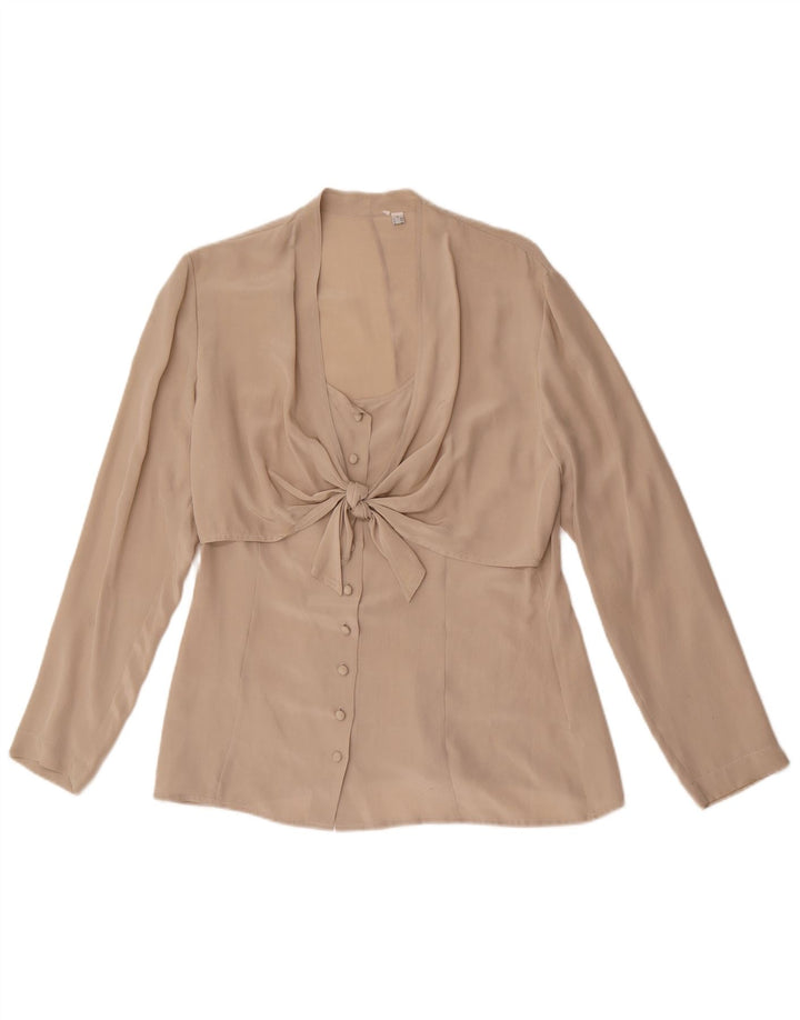 Vintage Womens Front Tie Shirt Blouse UK 14 Large Beige Silk