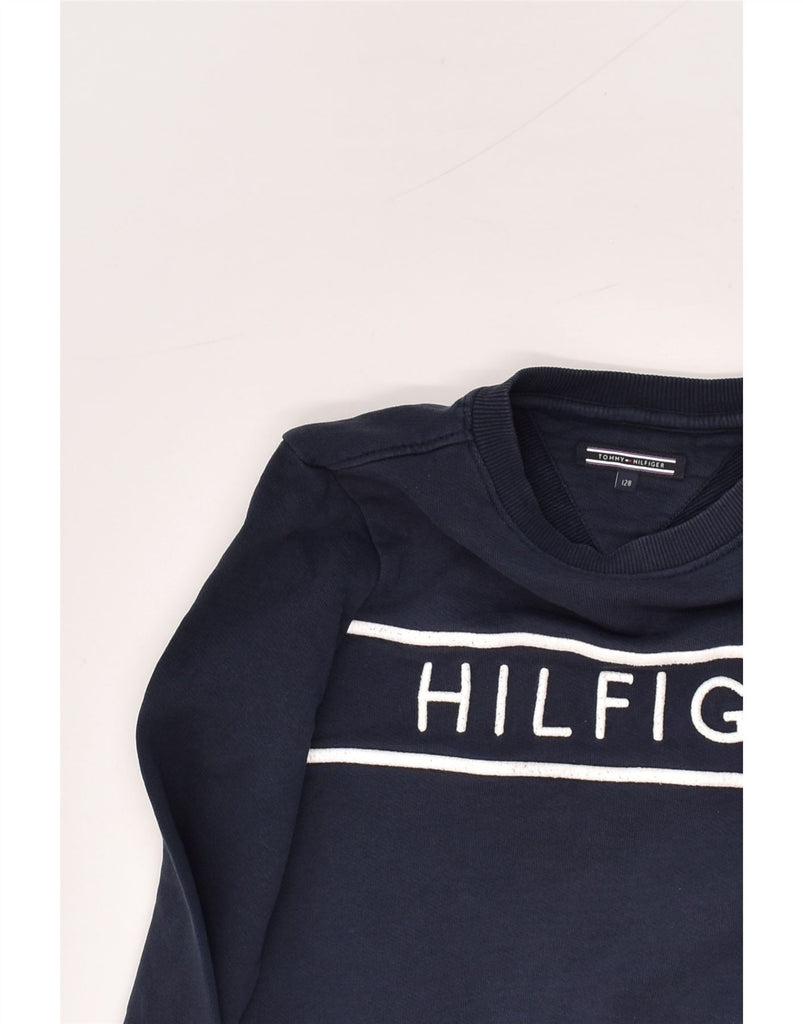 TOMMY HILFIGER Girls Graphic Sweatshirt Jumper 7-8 Years Navy Blue Cotton | Vintage Tommy Hilfiger | Thrift | Second-Hand Tommy Hilfiger | Used Clothing | Messina Hembry 