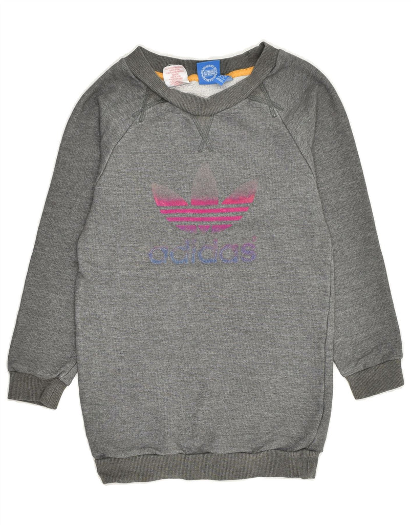 ADIDAS Girls Graphic Long Sleeve Jumper Dress 7-8 Years XS Grey Cotton | Vintage Adidas | Thrift | Second-Hand Adidas | Used Clothing | Messina Hembry 