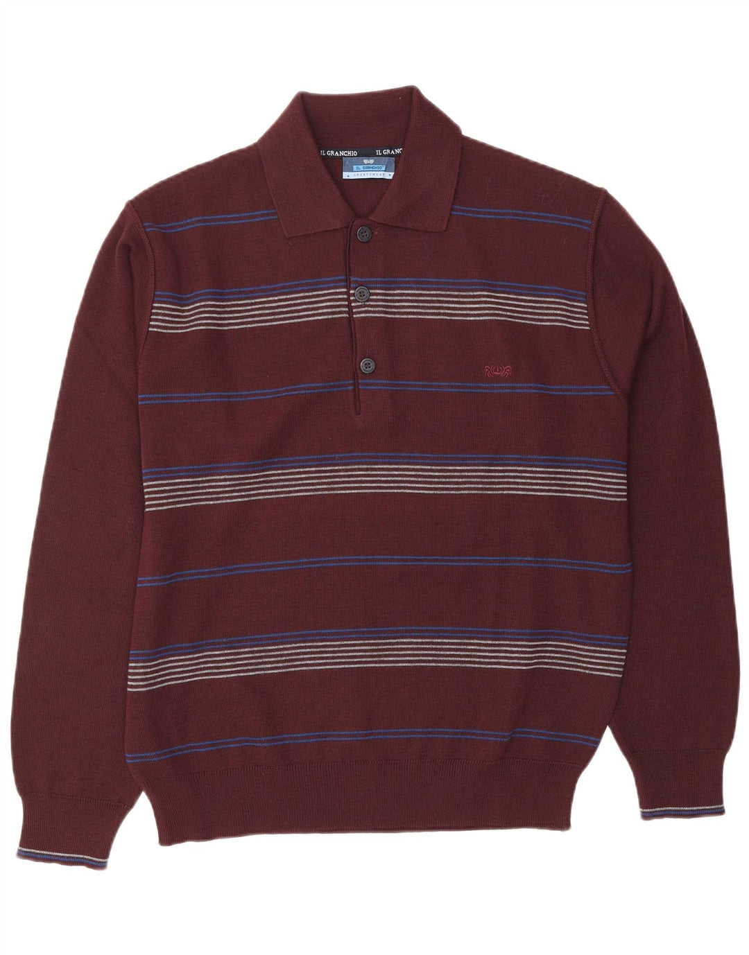 IL GRANCHIO Mens Polo Neck Jumper Sweater Large Maroon Striped Wool