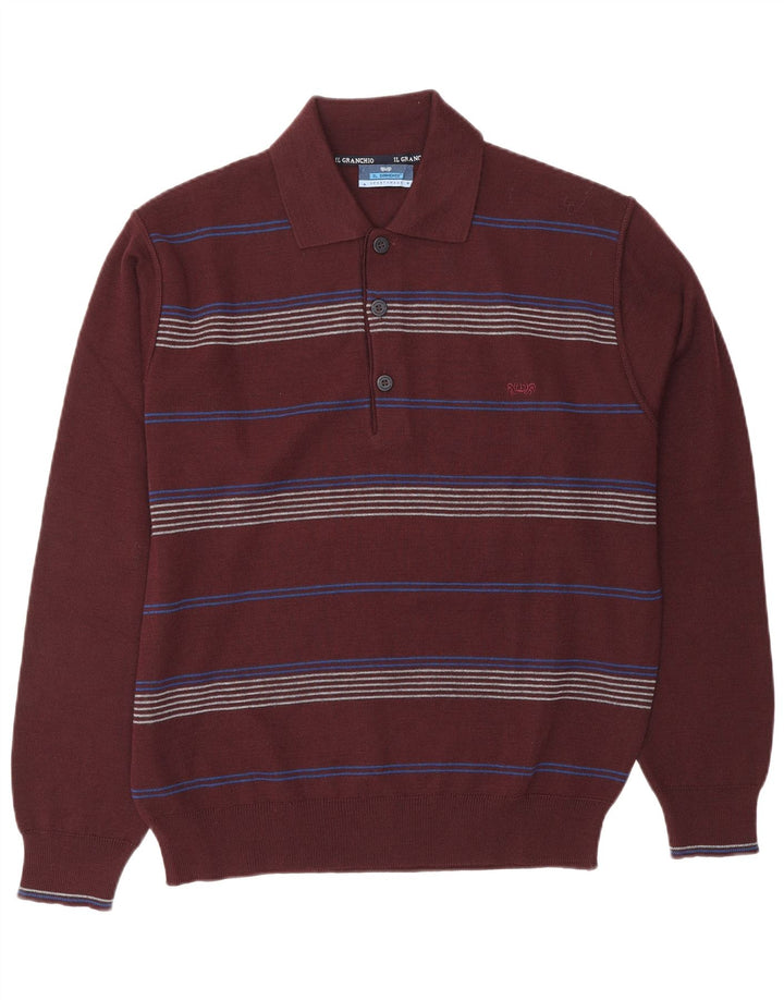 IL GRANCHIO Mens Polo Neck Jumper Sweater Large Maroon Striped Wool