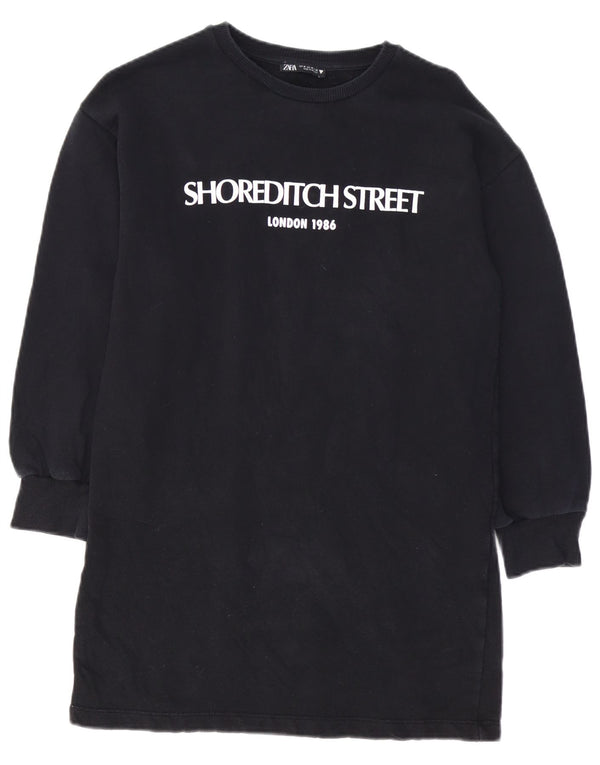 ZARA Womens Graphic Sweatshirt Jumper Dress UK 14 Medium Black Cotton