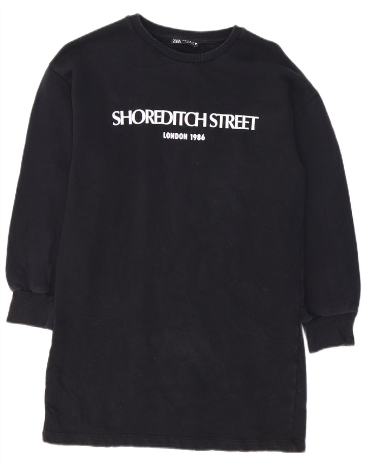 ZARA Womens Graphic Sweatshirt Jumper Dress UK 14 Medium Black Cotton