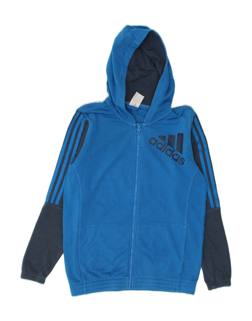 ADIDAS Boys Graphic Zip Hoodie Sweater 13-14 Years Blue Colourblock Cotton | Vintage Adidas | Thrift | Second-Hand Adidas | Used Clothing | Messina Hembry 