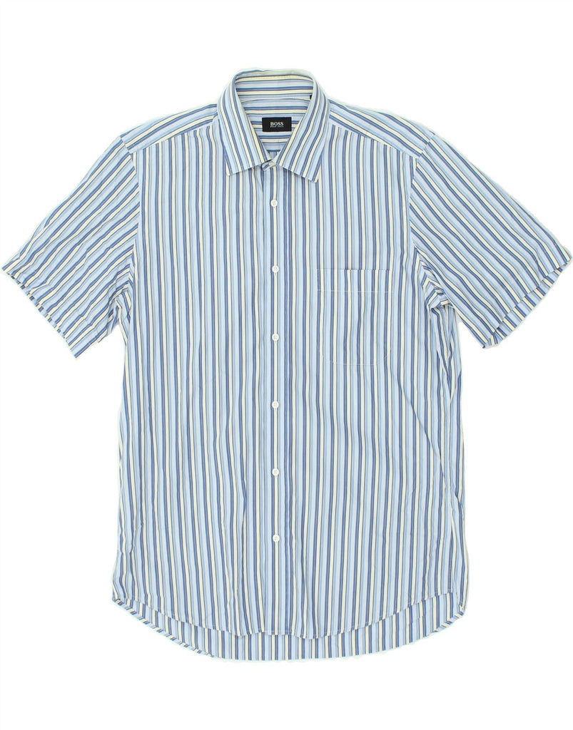 HUGO BOSS Mens Short Sleeve Shirt Size 15 3/4 40 Medium Blue Striped | Vintage Hugo Boss | Thrift | Second-Hand Hugo Boss | Used Clothing | Messina Hembry 