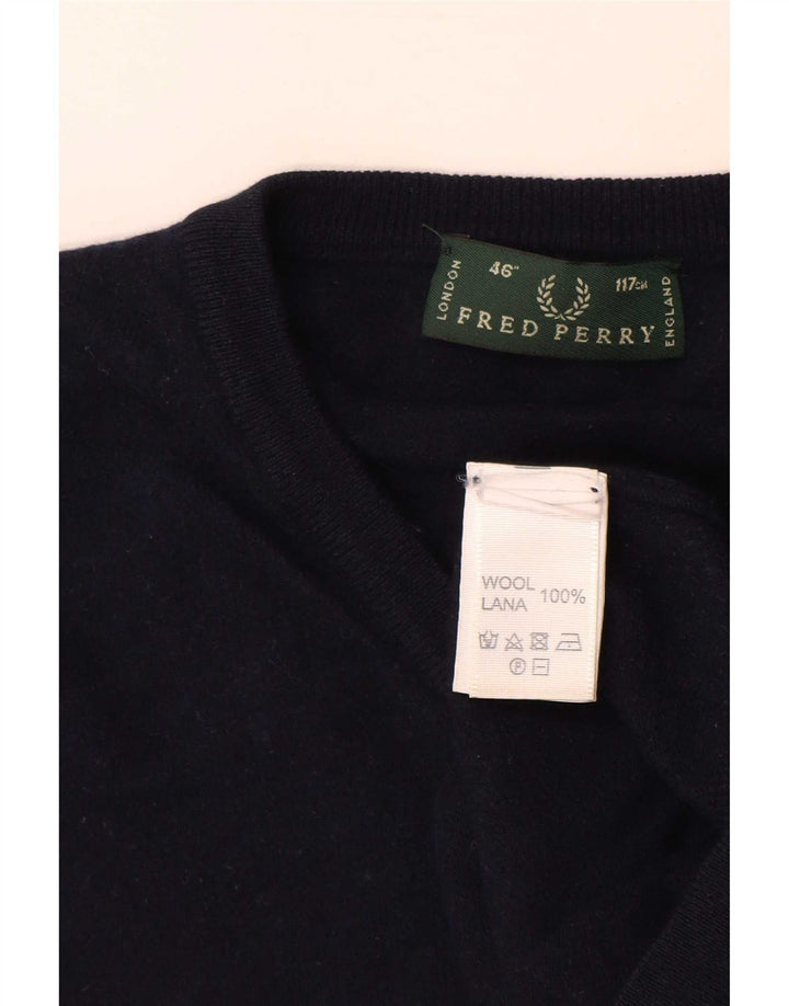 Fred Perry Mens V-Neck Jumper Sweater Large Navy Blue Wool