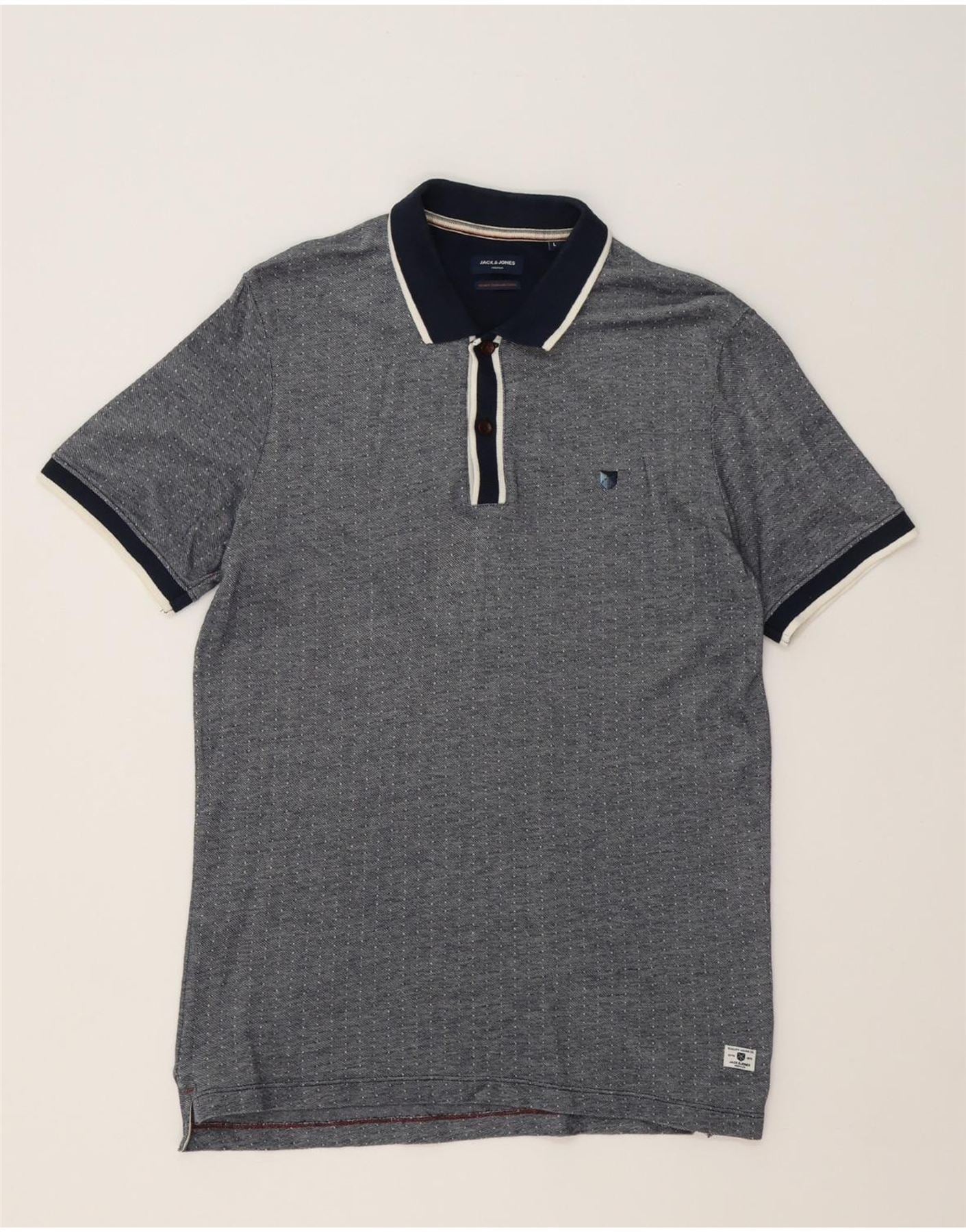 JACK JONES Mens Polo Shirt Large Navy Blue Spotted Cotton