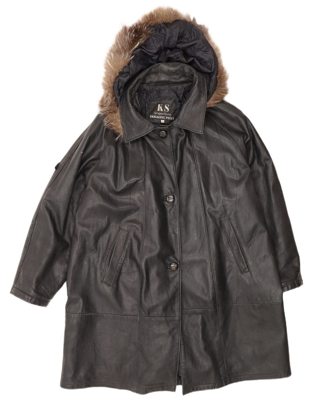 Kiros Womens Hooded Oversized Leather Coat IT 48 XL Black