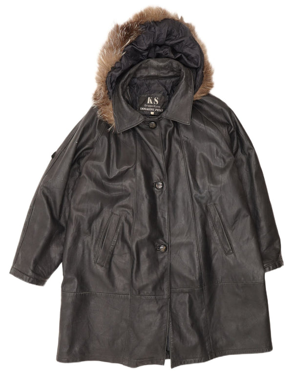 Kiros Womens Hooded Oversized Leather Coat IT 48 XL Black