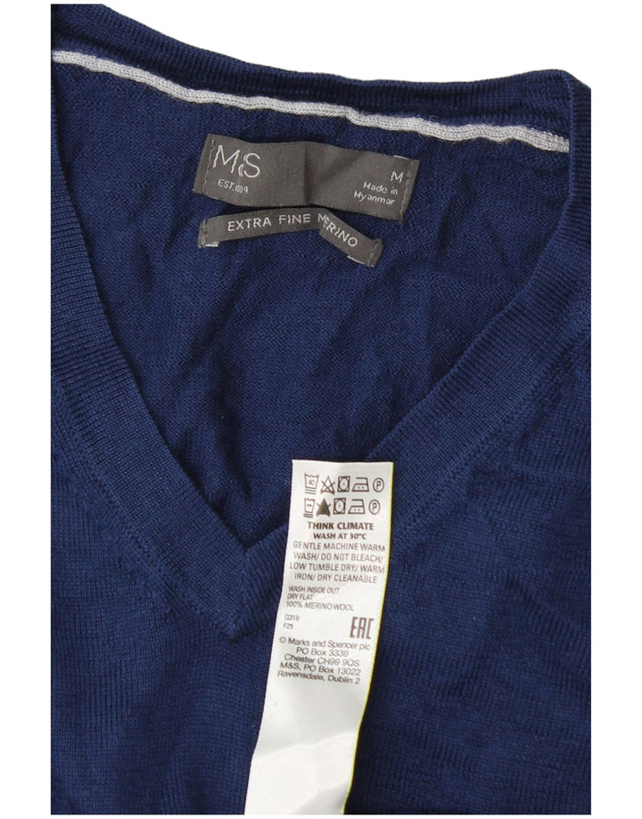 Marks & Spencer Mens V-Neck Jumper Sweater Medium Navy Blue Wool