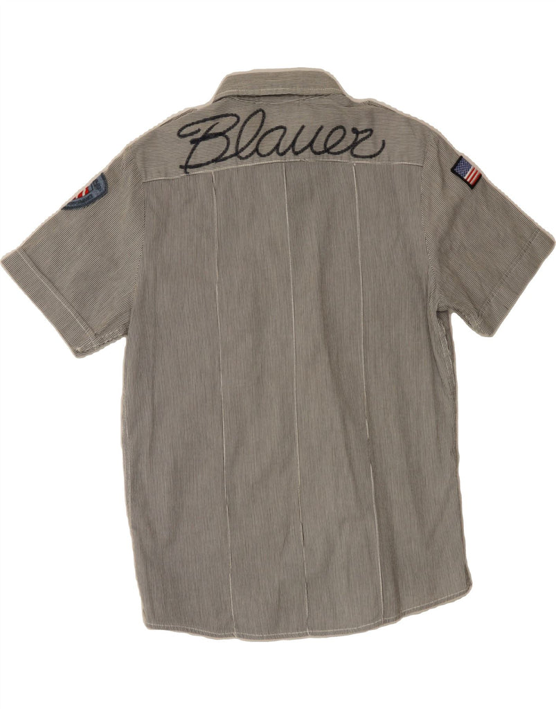 BLAUER Mens Graphic Short Sleeve Shirt Large Grey Pinstripe Cotton Vintage Blauer and Second-Hand Blauer from Messina Hembry 