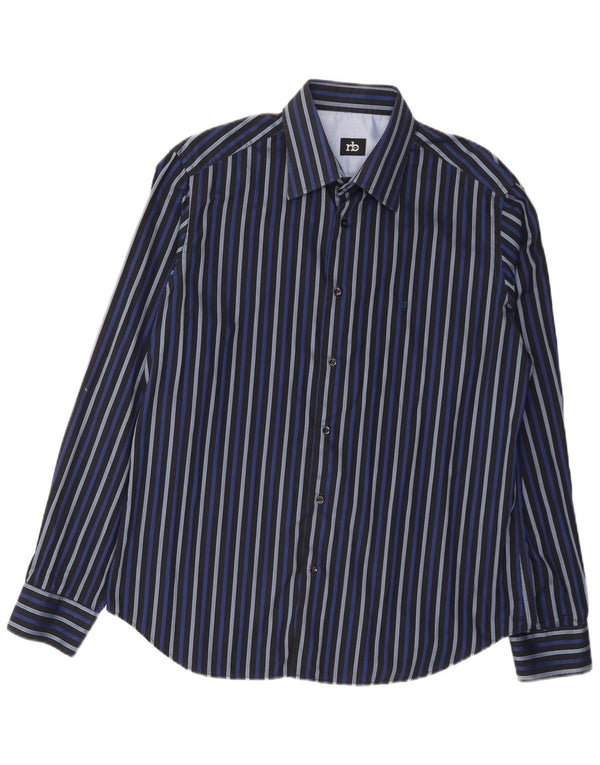 Roccobarocco Mens Shirt Size 42 16 1/2 Large Navy Blue Striped Cotton
