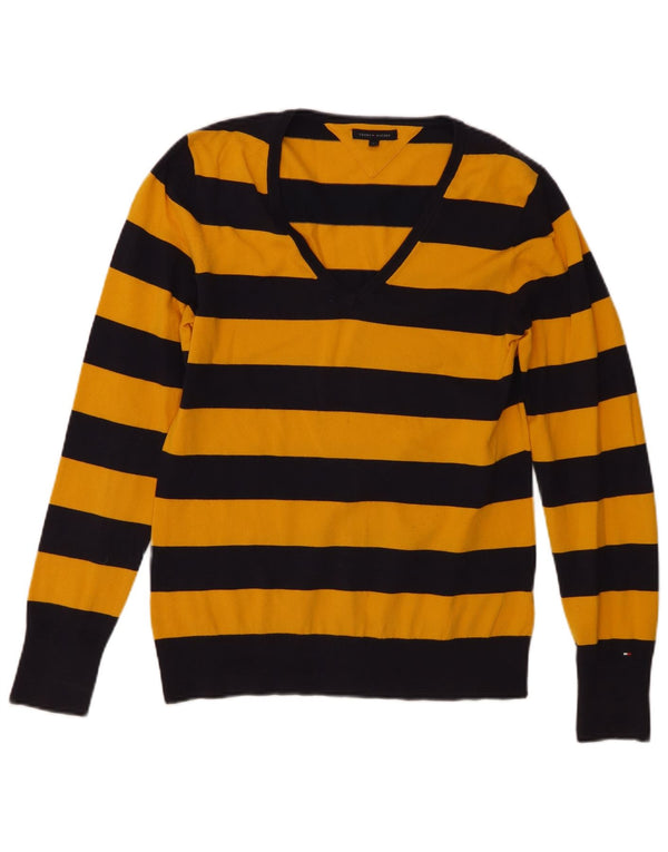Tommy Hilfiger Womens V-Neck Jumper Sweater UK 14 Large Yellow Striped