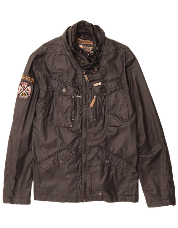 KHUJO Mens Graphic Waxed Cotton Jacket UK 40 Large Black Cotton