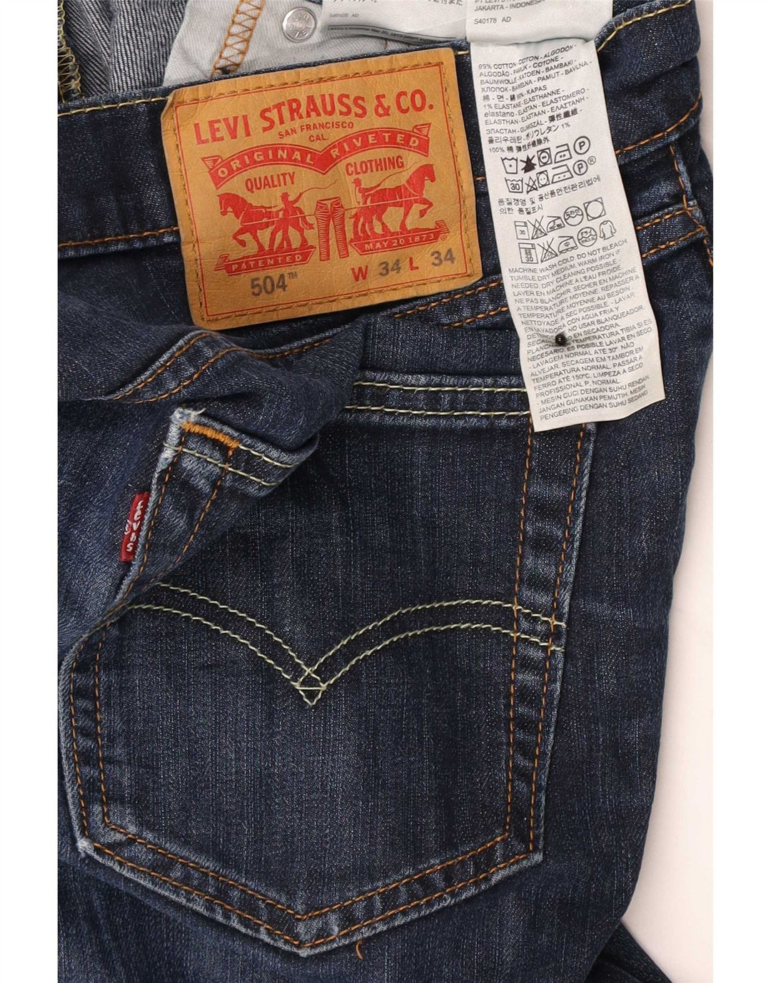 Levi's Mens 504 Straight Jeans W34 L34 Blue Cotton