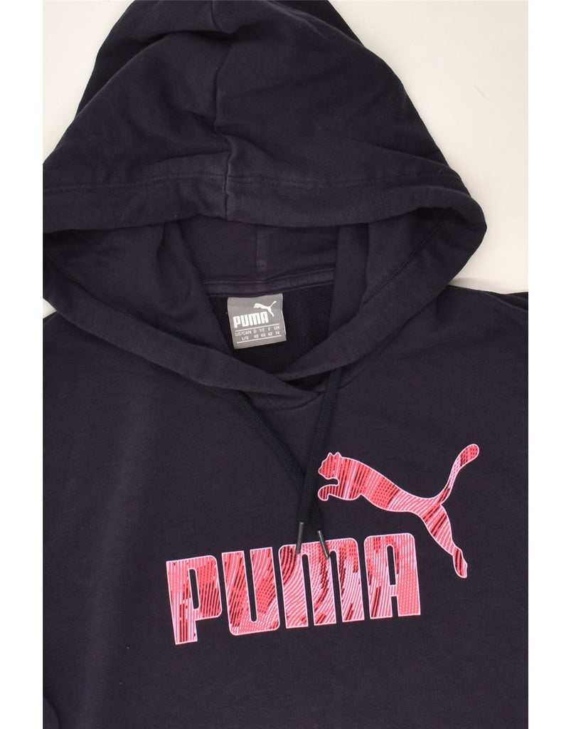 PUMA Womens Graphic Hoodie Jumper UK 14 Large Navy Blue Cotton | Vintage Puma | Thrift | Second-Hand Puma | Used Clothing | Messina Hembry 