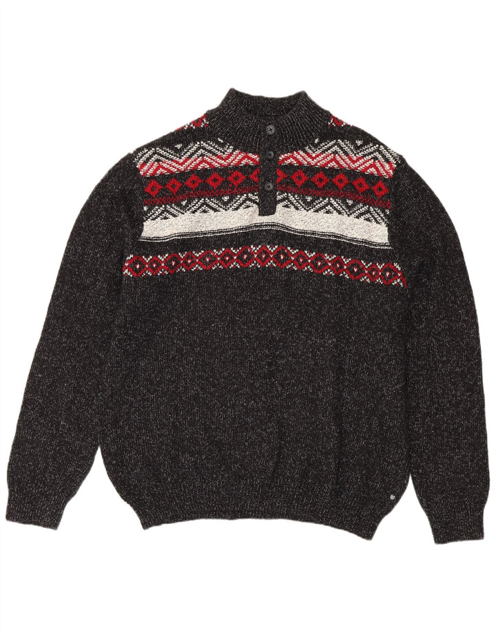 CHAPS Mens Button Neck Jumper Sweater 2XL Grey Fair Isle Cotton