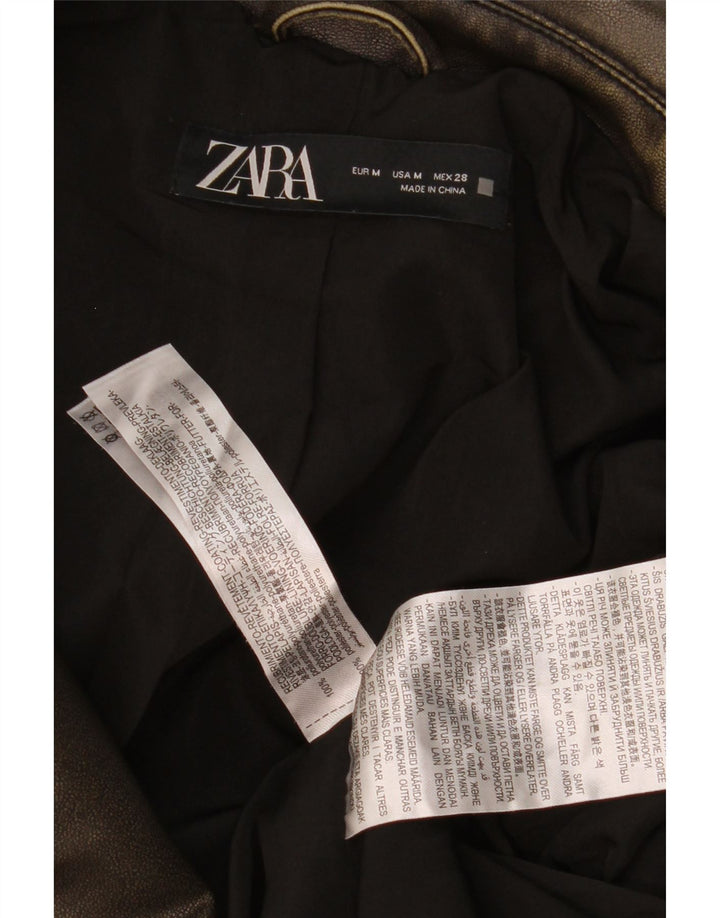 Zara Womens Faux Leather Biker Jacket UK 14 Medium Brown Polyethylene