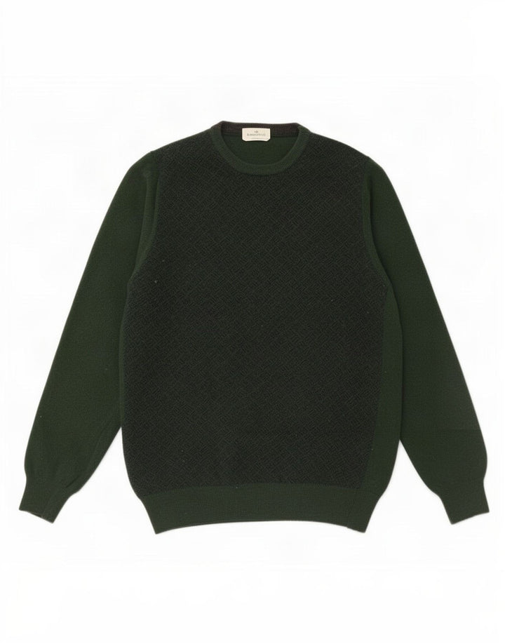 Brooksfield Mens Crew Neck Jumper Sweater IT 54 Medium Green Geometric Wool