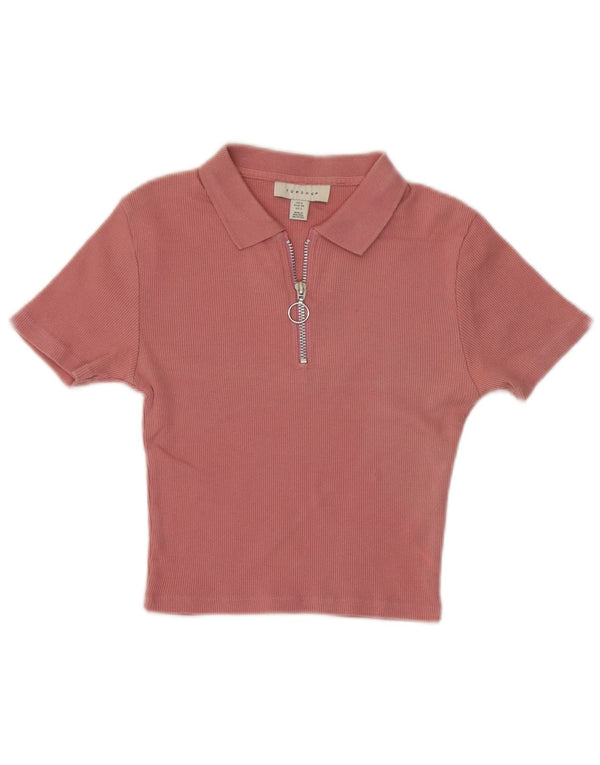 Topshop Womens Crop Polo Shirt UK 6 XS Pink Cotton