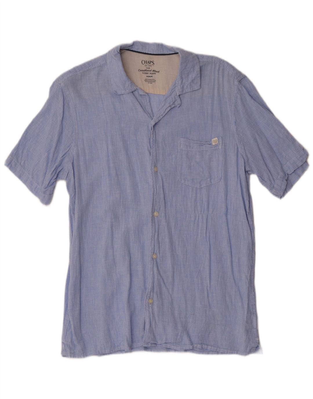 Chaps Mens Short Sleeve Shirt Medium Blue Houndstooth Linen