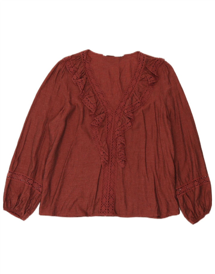 Zara Womens Ruffle Front Oversized Blouse Top UK 10 Small Red Viscose