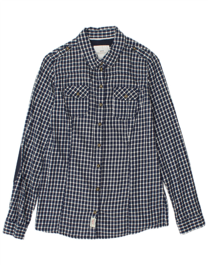 BRUGI Womens Shirt UK 12 Medium Navy Blue Gingham Cotton