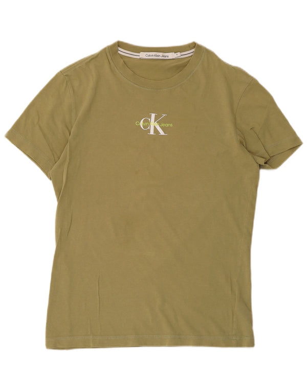 Calvin Klein Jeans Womens Graphic T-Shirt Top UK 6 XS Khaki Cotton