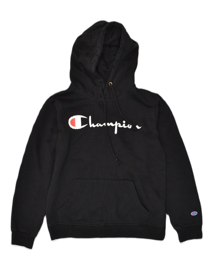 CHAMPION Womens Graphic Hoodie Jumper UK 14 Medium Black Cotton | Vintage Champion | Thrift | Second-Hand Champion | Used Clothing | Messina Hembry 