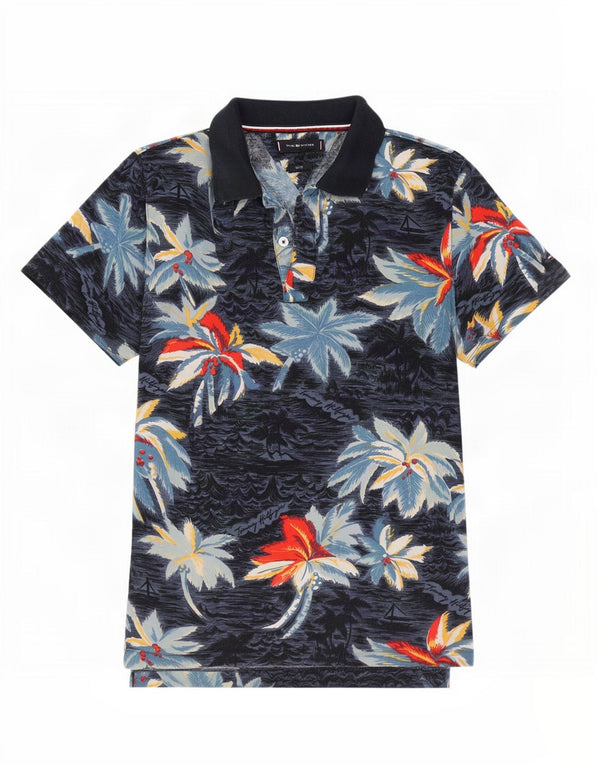 Tommy Hilfiger Mens Hawaiian Slim Fit Polo Shirt Medium Navy Blue Floral