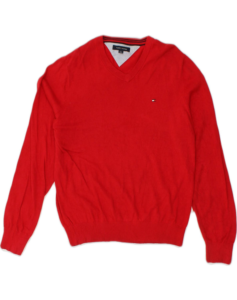 TOMMY HILFIGER Mens V-Neck Jumper Sweater Medium Red Cotton | Vintage Tommy Hilfiger | Thrift | Second-Hand Tommy Hilfiger | Used Clothing | Messina Hembry 