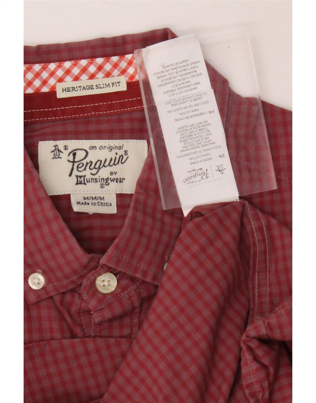 PENGUIN Mens Heritage Slim Fit Shirt Medium Red Gingham Cotton