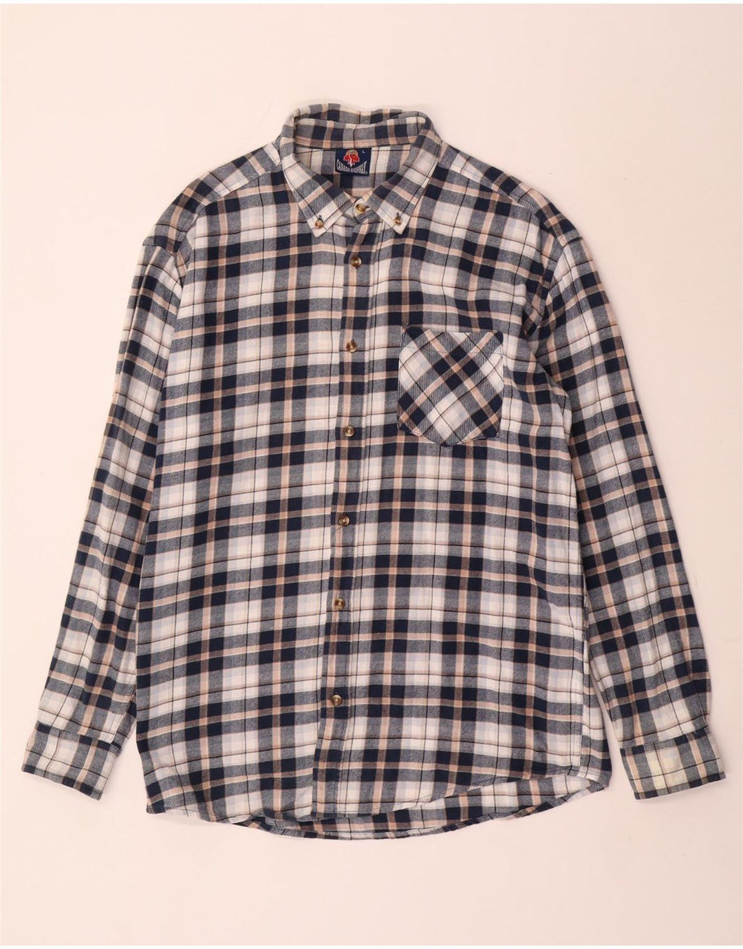 Vintage Mens Flannel Shirt Large Navy Blue Check Cotton