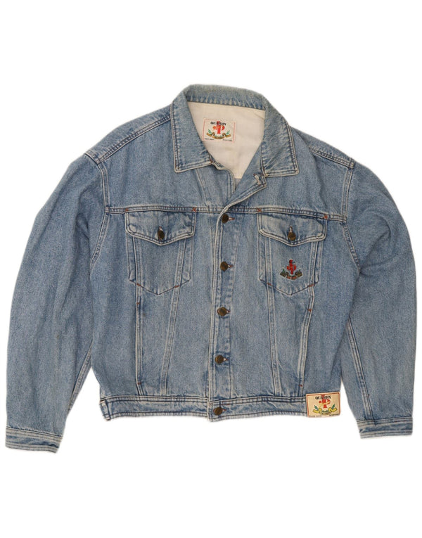 Quarry Mens Graphic Denim Jacket UK 38 Medium Blue Cotton
