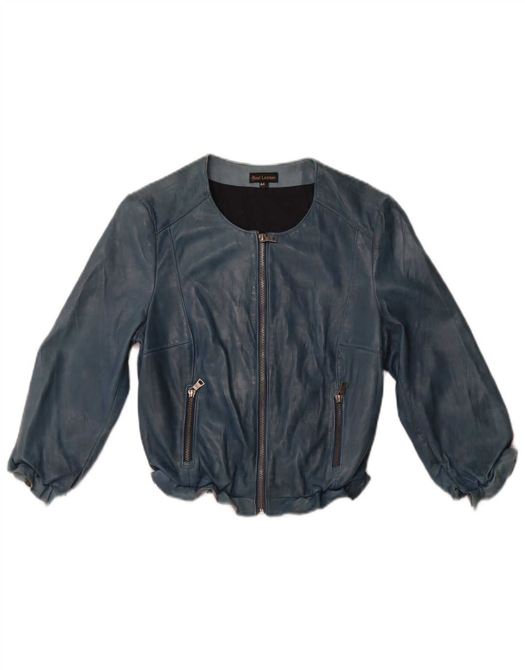 VINTAGE Womens Crop 3/4 Sleeve Leather Jacket IT 44 Medium Blue Leather