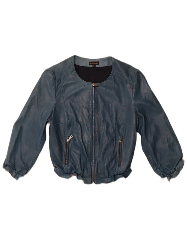 VINTAGE Womens Crop 3/4 Sleeve Leather Jacket IT 44 Medium Blue Leather