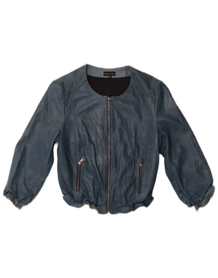 VINTAGE Womens Crop 3/4 Sleeve Leather Jacket IT 44 Medium Blue Leather