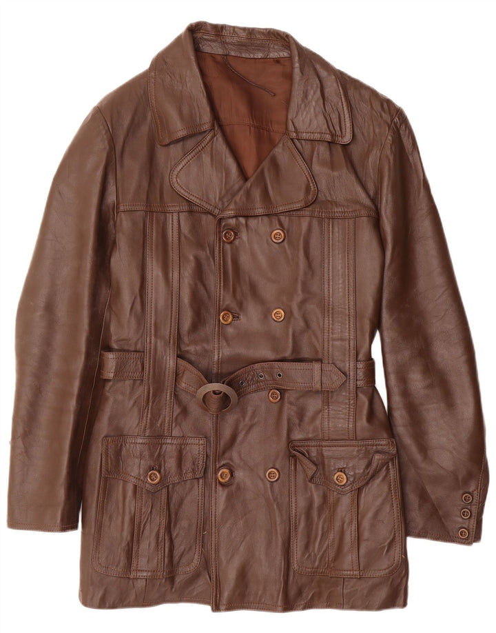 Vintage Mens Double Breasted Leather Jacket IT 52 XL Brown Leather