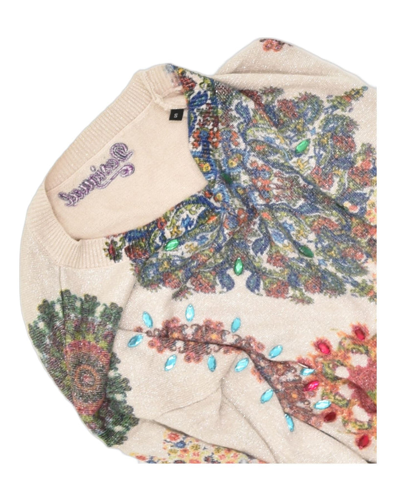 DESIGUAL Womens Boat Neck Jumper Sweater UK 10 Small Beige Floral Cotton | Vintage Desigual | Thrift | Second-Hand Desigual | Used Clothing | Messina Hembry 