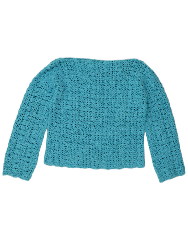 Vintage Womens Crop Crochet Boat Neck Jumper Sweater UK 10 Small Blue