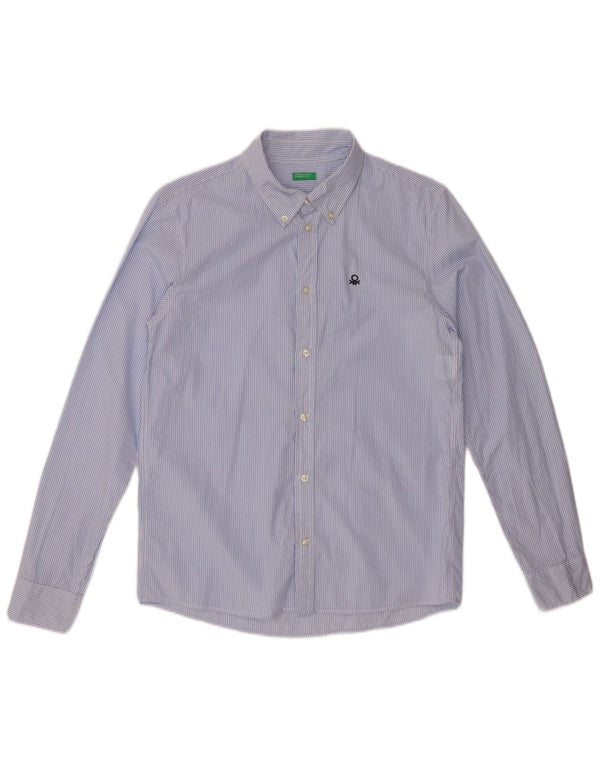 BENETTON Boys Shirt 13-14 Years 3XL Blue Pinstripe Cotton