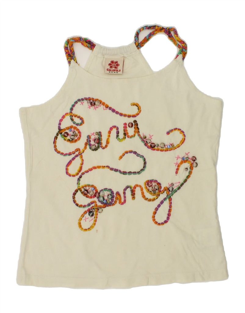 GURU Girls Graphic Vest Top 9-10 Years Beige Cotton | Vintage Guru | Thrift | Second-Hand Guru | Used Clothing | Messina Hembry 