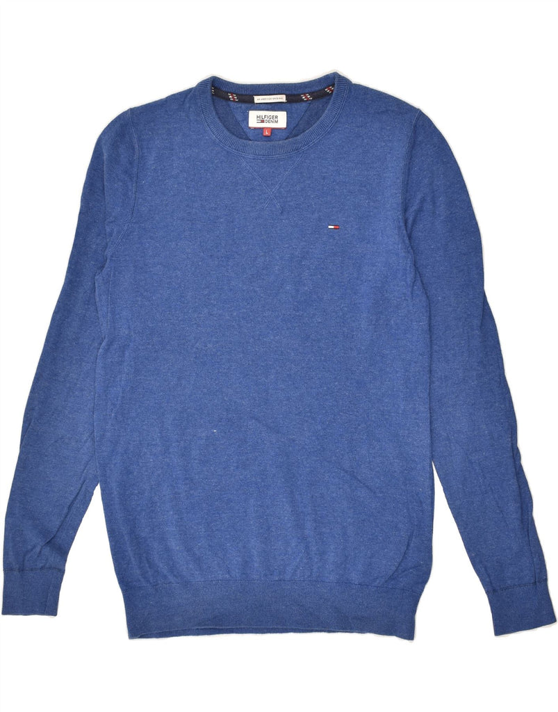 TOMMY HILFIGER Mens Crew Neck Jumper Sweater Large Blue Cotton | Vintage Tommy Hilfiger | Thrift | Second-Hand Tommy Hilfiger | Used Clothing | Messina Hembry 