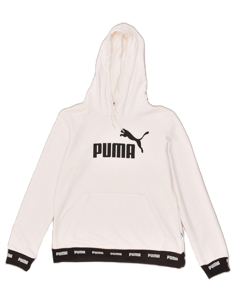 PUMA Womens Graphic Hoodie Jumper UK 14 Medium White Cotton | Vintage Puma | Thrift | Second-Hand Puma | Used Clothing | Messina Hembry 