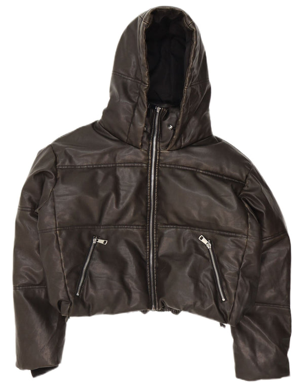 Zara Womens Oversized Hooded Faux Leather Padded Jacket UK 14 Medium Black