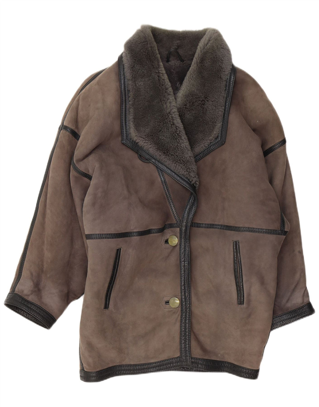 Vintage Womens Oversized Shearling Coat UK 20 2XL Grey Leather