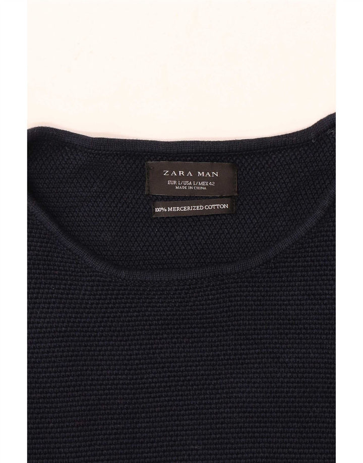 Zara Mens Crew Neck Jumper Sweater Large Navy Blue Cotton