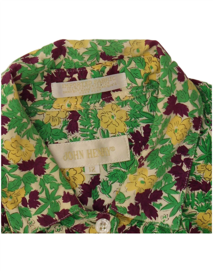 John Henry Womens Oversized Shirt US 12 Large Green Floral Cotton